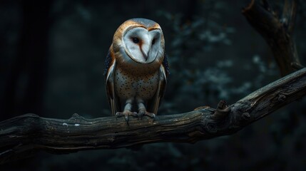 Wall Mural - barn owl perched on a branch in a dark forest