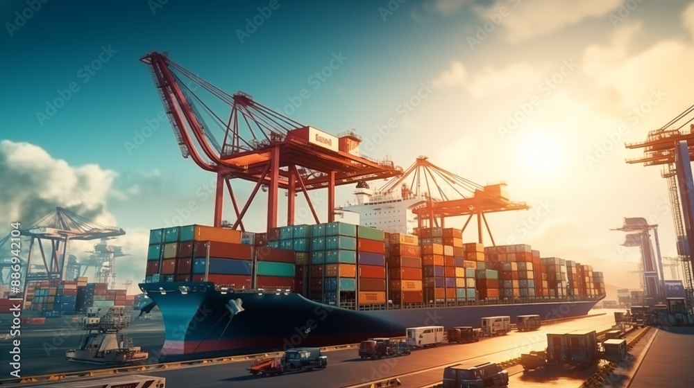 Container ship carrying container boxes import export dock with quay ...