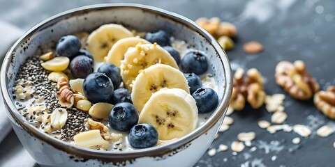 Wall Mural - Healthy oatmeal bowl with banana blueberry walnut chia seeds and almond milk. Concept Healthy Eating, Oatmeal Bowls, Nutritious Breakfast Ideas, Fruit and Nuts, Plant-based Recipes