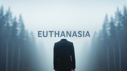 Leinwandbilder - Poster with silhouette of person walking into the foggy forest with text: 