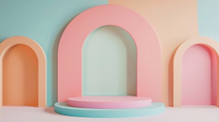 Canvas Print - Minimalistic Geometric Arch Backdrop with Pastel Colors for Product Presentation