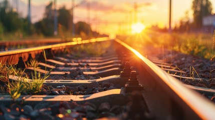 Wall Mural -  A tight shot of a sunset-backdropped train track, grass sprouting in the foreground