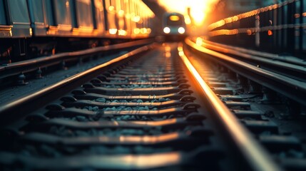 Wall Mural -  A train approaches a station's loading platform, moving down the train tracks, as another train descends the same track