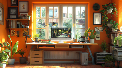 Poster - A bright home office with a large window, a desk, and various plants. Sunlight streams in from the window, illuminating the room.