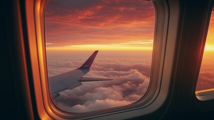 Gazing through airplane window at sunset.