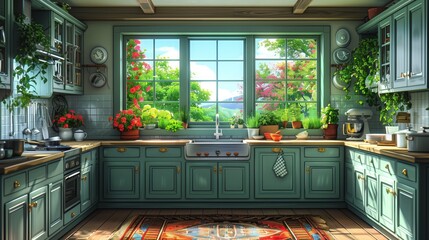 Poster - A bright and airy kitchen with teal cabinets, a window overlooking lush greenery and hills, and a wooden countertop.