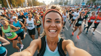 Happy woman taking a selfie while running in a vibrant marathon event among enthusiastic participants on city streets.