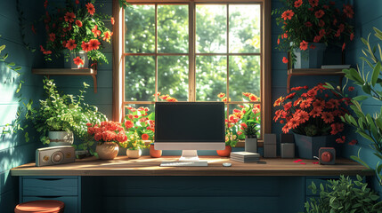 Poster - A modern home office with a large window overlooking a lush green forest. There are several flower arrangements, a desktop computer, and a vintage radio on the desk.
