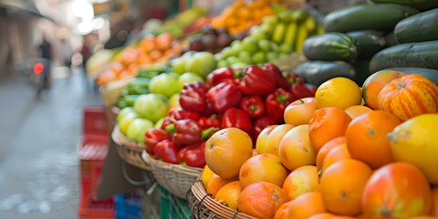 Wall Mural - Street vendor sells fresh lowcalorie fruits and vegetables at their stall. Concept Street vendor, Fresh produce, Low-calorie, Healthy eating, Local business