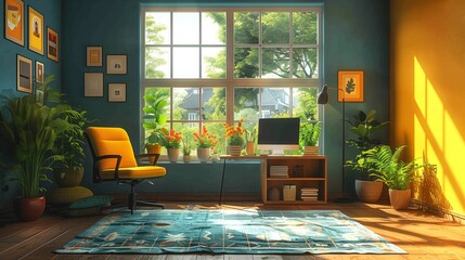 Poster - Sunlight streams through a large window illuminating a home office with teal walls, a yellow armchair, a desk with a computer and plants, and a blue rug.