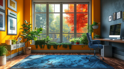 Poster - Home office with a big window and view of autumn tree. Yellow walls, blue rug, desk with computer, and office chair