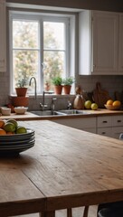 Sticker - Empty tabletop in kitchen, blurred backdrop, plenty of space for display