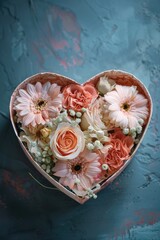 Sticker - A heart-shaped box filled with flowers on a table, ideal for romantic occasions and Valentine's Day