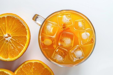 Poster - A refreshing glass of orange juice with ice cubes, perfect for a hot summer day or as a revitalizing beverage any time