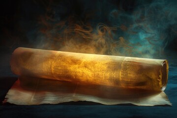 Poster - A rolled-up piece of parchment lies on a table, with the edges slightly curled