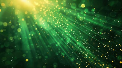 Asymmetric green light burst, abstract beautiful rays of lights on dark green background with the color of green and yellow, golden green sparkling backdrop with copy space