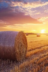 Canvas Print - Hay bales in field at sunset