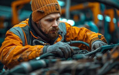 Wall Mural - A mechanic inspecting and opening the hood of a car - an automotive technician performing a check