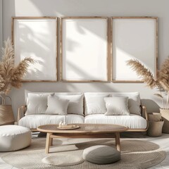 Wall Mural - Three empty frames wall art mock up modern living room with minimalist boho decor with sunlight coming through window.