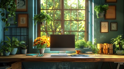 Poster - Sunlight streams in through a large window onto an organized desk with a computer, keyboard, and potted plants. Frames and a hanging plant adorn the wall