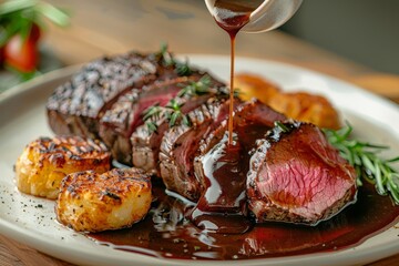 Roast beef slices and gravy flying elegantly