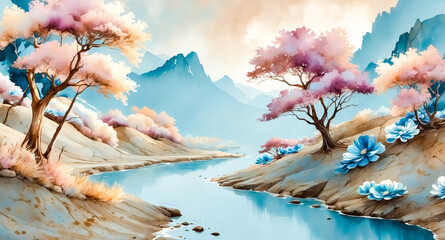 Poster - Watercolor painting of a river winding through a mountain valley with pink trees and blue flowers