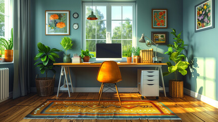 Poster - A modern home office with a wooden desk, an orange chair, and various plants. The room is bathed in natural light from a large window.