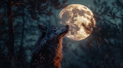 Aufkleber - A wolf howls at the full moon in a dense forest