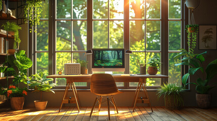 Poster - A home office workspace with a large window overlooking a green forest, bathed in sunlight. The room is filled with plants and natural light.