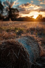 Wall Mural - Hay Bale in Field at Sunset