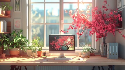 Poster - A wooden desk with a computer, office supplies, houseplants, and vase of cherry blossoms sits near a window with bright sunlight