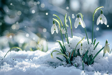 Wall Mural - Snowdrops blossoming in a snowy landscape, highlighting the concept of new beginnings and the transition from winter to spring.