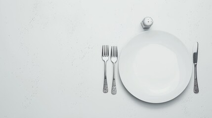 Sticker - Plate fork and knife on white surface from above with text area