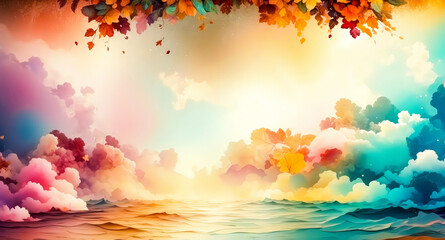 Sticker - Autumn Leaves and Colorful Clouds Above a Sea of Dreams