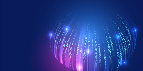 Poster - Analytics, sorting, structuring, transferring information. Blue background with data flow. Binary code, artificial intelligence. Program code. Computer background of numbers. Sphere consisting of data