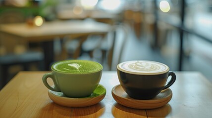 Two matcha lattes in green and white cups on a wooden table, blurred background of a cozy cafe.