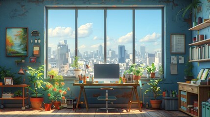 Poster - A home office with a large window overlooking a cityscape. The room has a desk with a computer, a bookcase, and several plants.