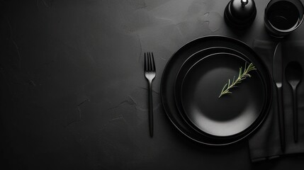 Black and White Table Setting with Rosemary Sprig