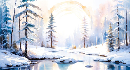 Wall Mural - Snowy Forest River Scene