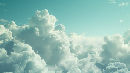 Poster - A plane flying through a cloudy sky with soft white clouds and blue horizon