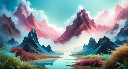 Sticker - Serene Mountain Landscape with a Mystic Lake