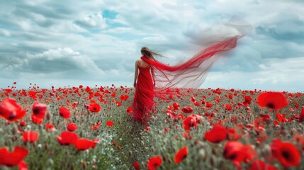 Wall Mural - A woman stands amidst a vibrant field of red flowers, providing a pop of color and vibrancy