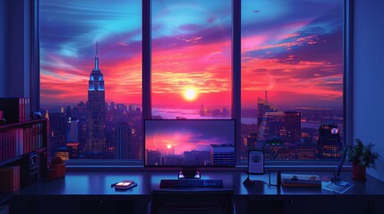 Poster - A modern desk sits beneath a large window offering a panoramic view of a city skyline at sunset.