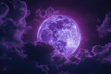 Aufkleber - A serene landscape featuring a large purple moon and fluffy white clouds in the background