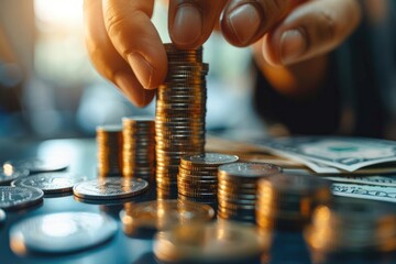 Poster - Close-up of hand stacking coins, representing financial growth