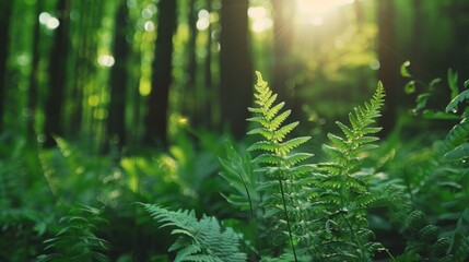 Wall Mural - A scene of sunlight shining through the trees in a forest, with a natural ambiance