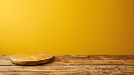 Wall Mural -  A wooden bowl rests atop a nearby wooden table The wall behind it is painted yellow A clock adorns the wall above the table