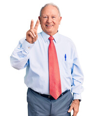 Wall Mural - Senior handsome grey-haired man wearing elegant tie and shirt showing and pointing up with fingers number two while smiling confident and happy.