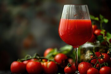 Wall Mural - a glass of tomato juice with tomatoes in the background