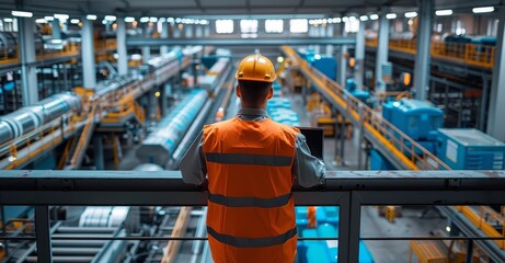 Poster - Engineer in orange safety vest overlooking factory floor with advanced machinery